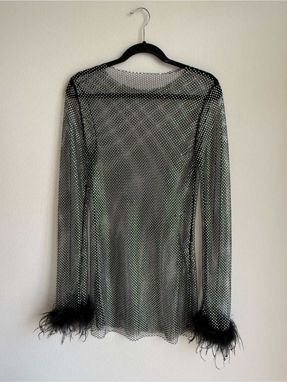 White Fox Boutique Black Mesh Long Sleeve Top with Feather Cuffs